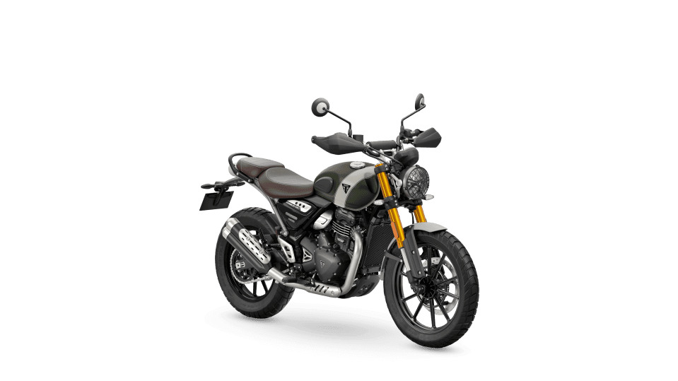 Triumph Scrambler 400 X verde con un franja gris en el tanque
