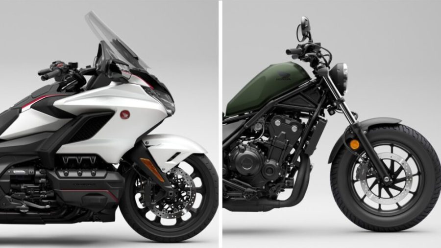 Nuevos looks para las familias Honda Gold Wing y Rebel 2024 Fotomontaje de media Honda Gold Wing blanca y media Rebel 2024 verde