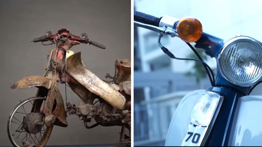 Imagen repartida: Honda CUB restaurada y la original oxidada