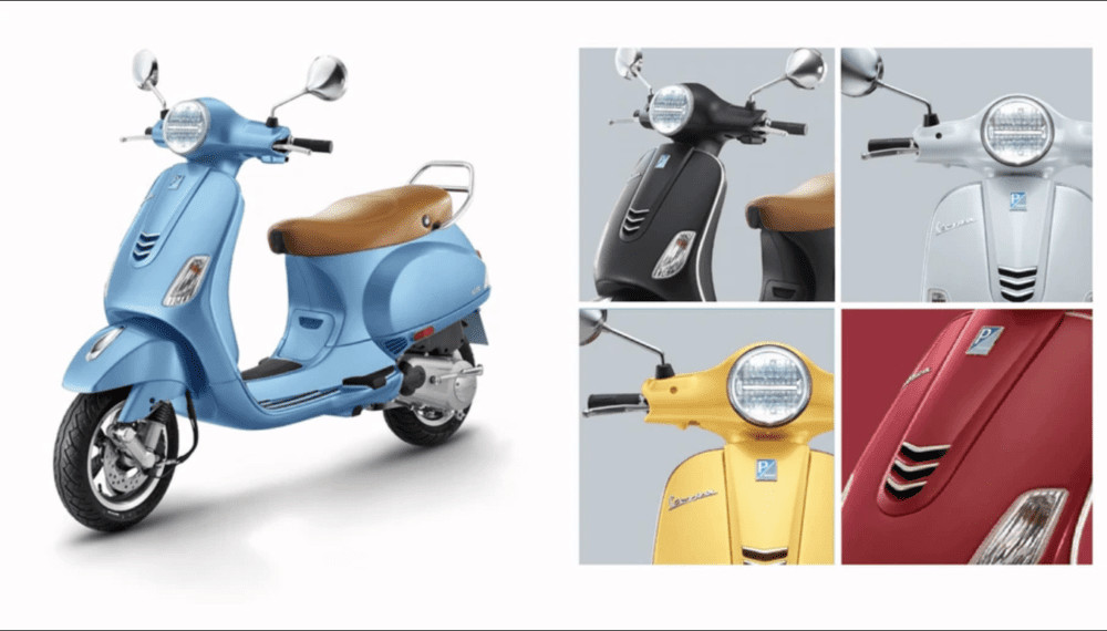Vespa VXL 150 celeste y recuadro derecho con cuatro frontales de distintos colores Vespa VXL 150 celeste y recuadro derecho con cuatro frontales de distintos colores