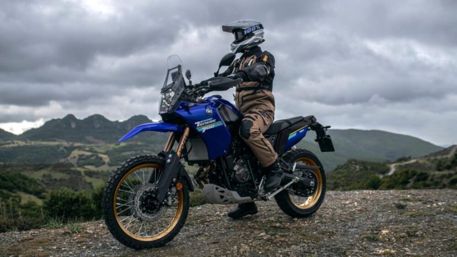 Piloto con ropa técnica mirael paisaje desde una Yamaha Ténéré 700 Extreme azul Piloto con ropa técnica mirael paisaje desde una Yamaha Ténéré 700 Extreme azul