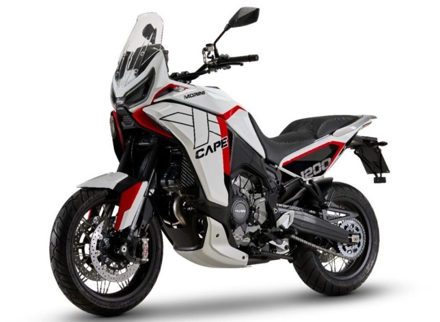 Perfil derecho de una Moto Morini X-CAPE 1200 blanca con detalles rojos