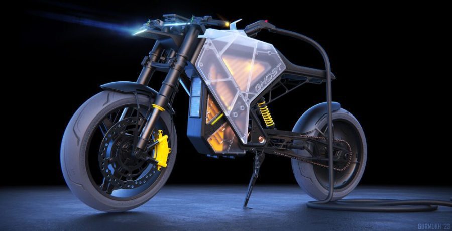 Un render de prototipo de moto eléctrica simulando una carga