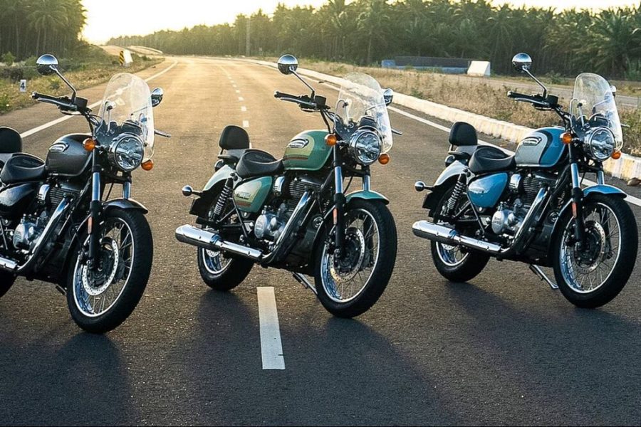 <img src="https://motodinamia.com/wp/wp-content/uploads/2023/12/royal-enfield-meteor-350-aurora-mdm-2-scaled.jpeg" alt="La Royal Enfield Meteor 350 Aurora estará disponible en el mercado internacional en tres decoraciones: Aurora Blue (azul), Aurora Green (verde) y Aurora Black (negro)">