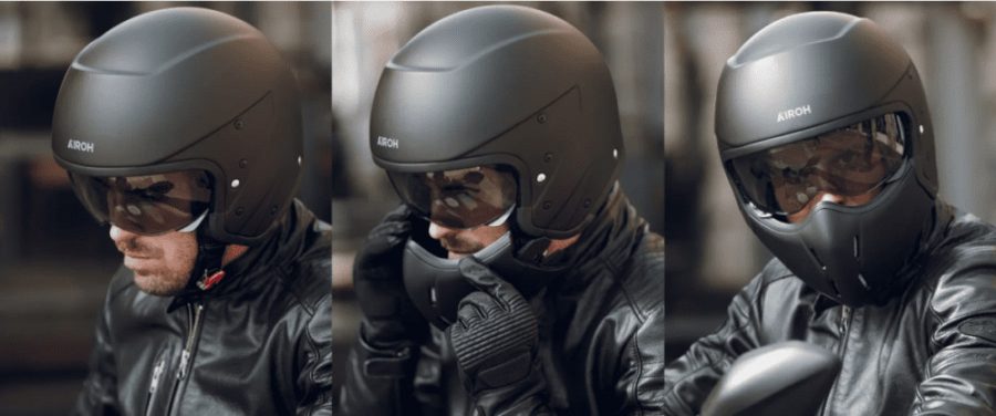 Diferencias entre un casco integral y uno modular: guía completa Tríptico de imágenes de una casco modula Airoh negro