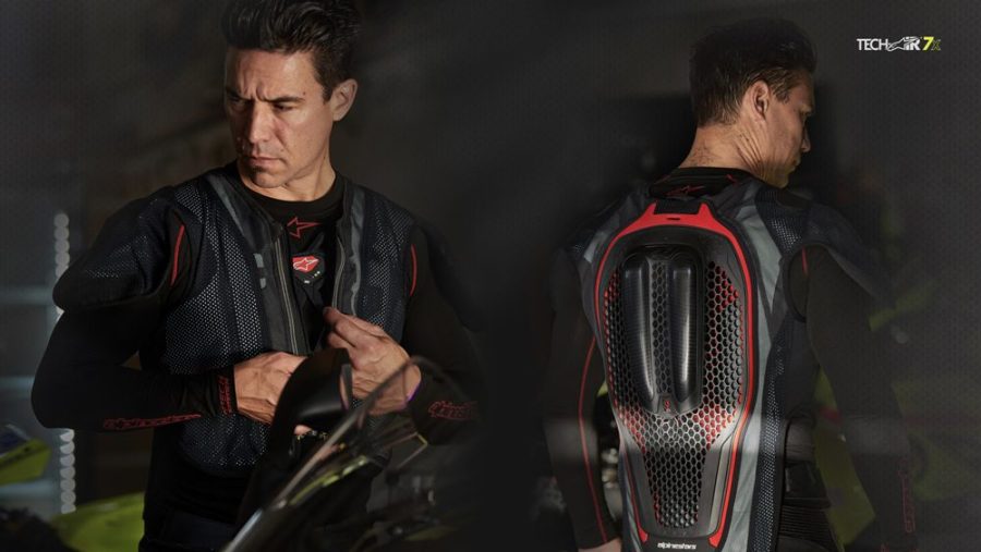 Alpinestars Tech-Air 7x, con sistema de airbag autónomo Hombre con el Alpinestars Tech-Air 7x de frente y espalda