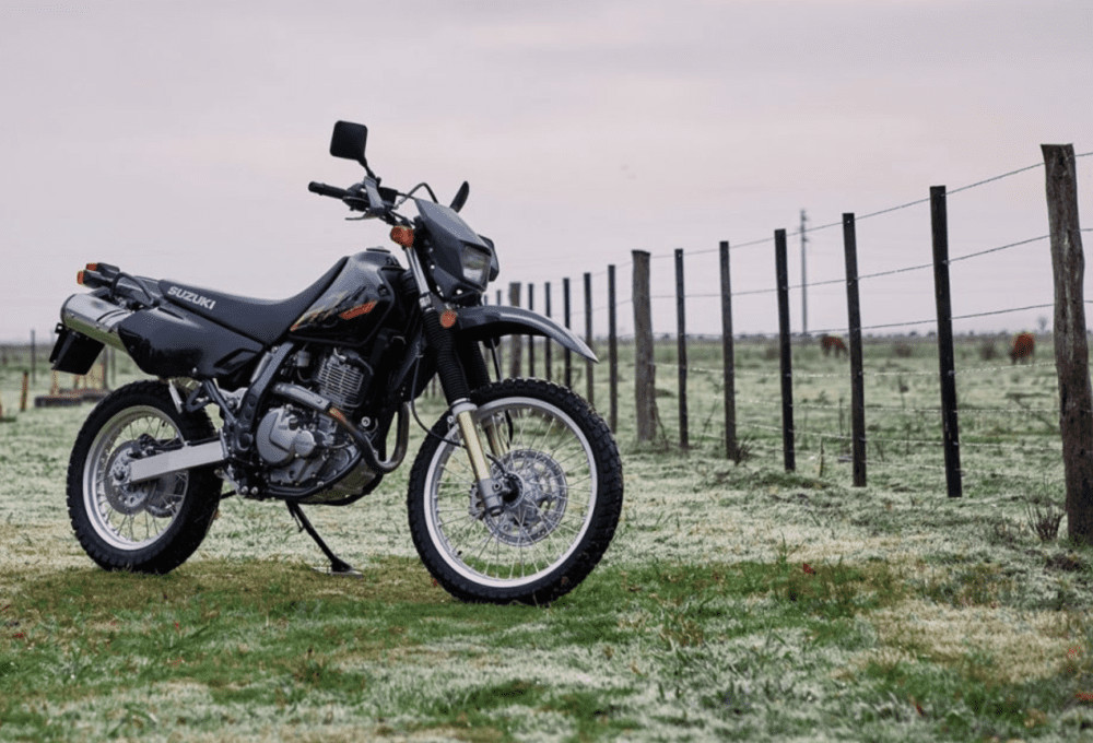 Suzuki DR 650 apostada en un campo de ganado Suzuki DR 650 apostada en un campo de ganado