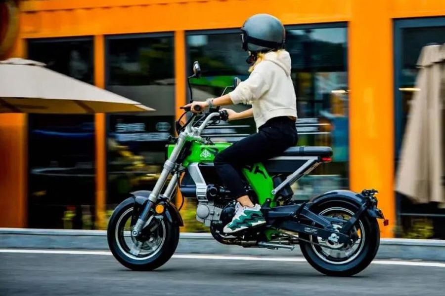 Una jovencita con caco gris y ropa informal se traslada en una AK11 por una calle de una ciudad china