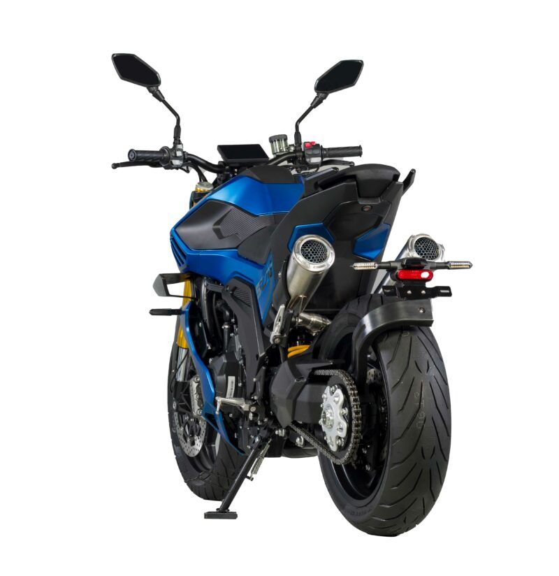 FB Mondial Piega 452 azul vista desde atrás, con su doble salida de escape FB Mondial Piega 452 azul vista desde atrás, con su doble salida de escape