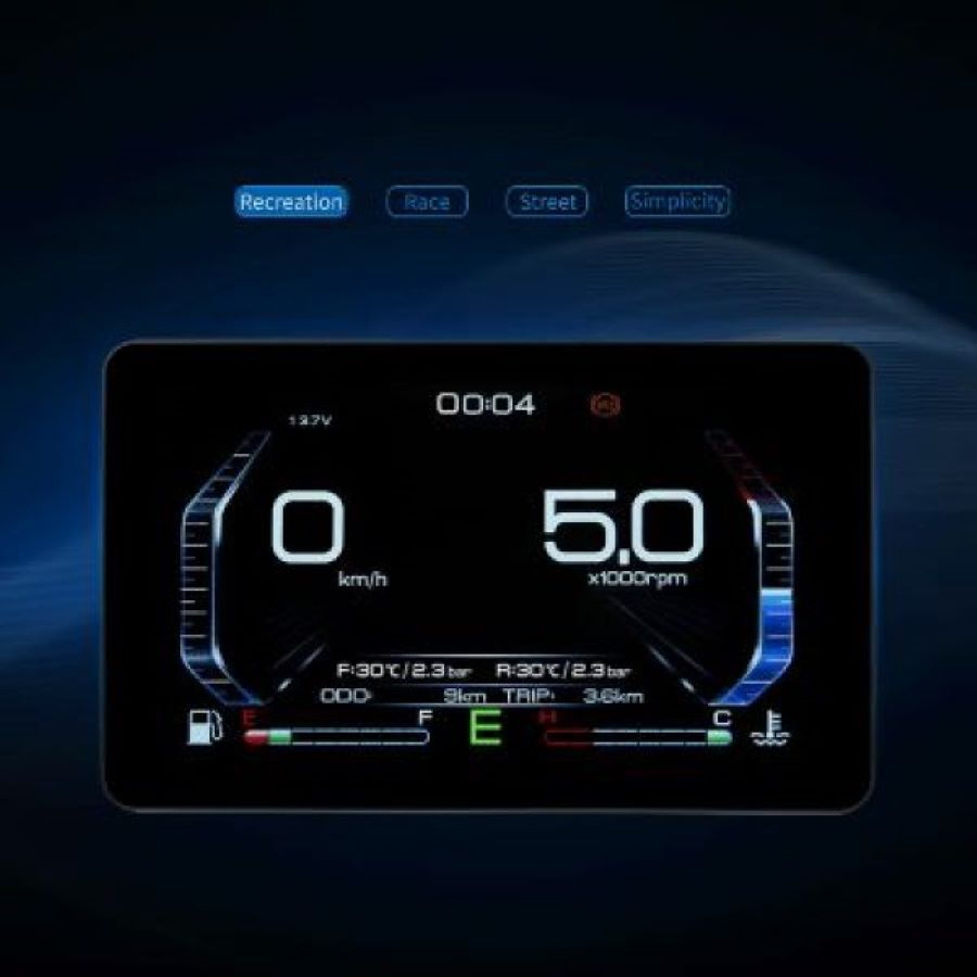 Pantalla TFT de la Zontes R350 con fondo negro, números blancos y detalles en distintos colores