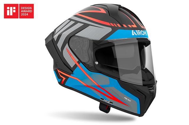 Casco AIROH Matryx en atractivos colores celeste y negro con líneas asimétricas naranja.