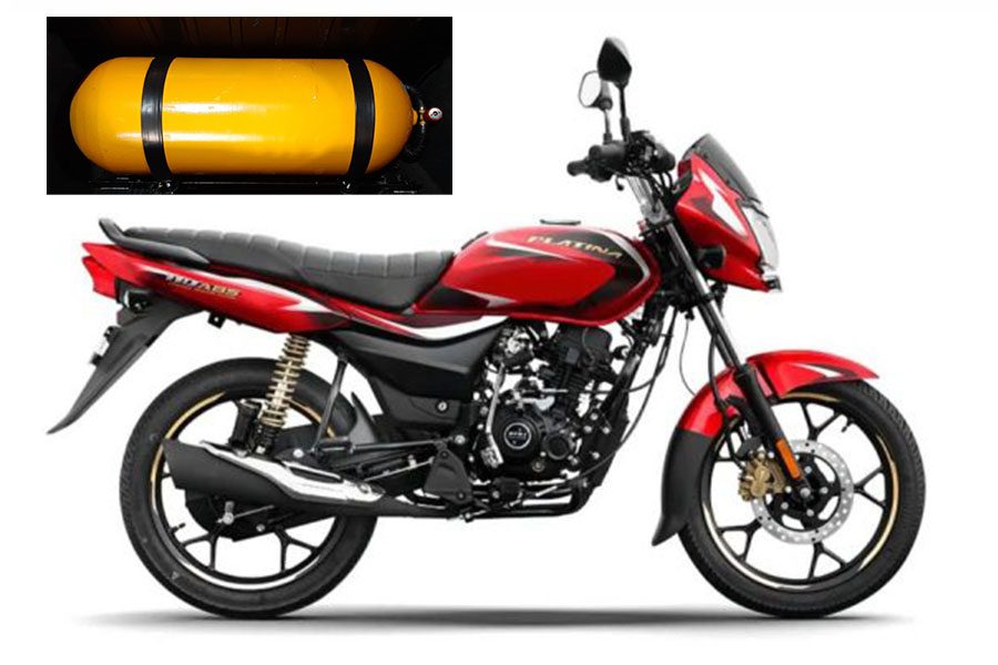 Moto Bajaj GNC portada Una moto Bajaj Platina y sobre el costado izquierdo un tubo de GNC