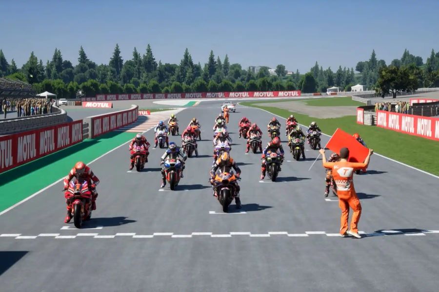 Una grilla de partida virtual del videojuego MotoGP24