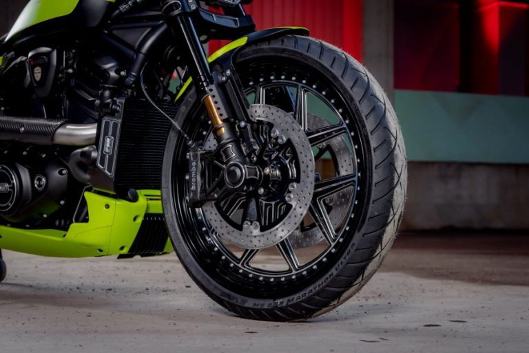 Tren delantero de la moto personalizada con dos grandes discos de freno