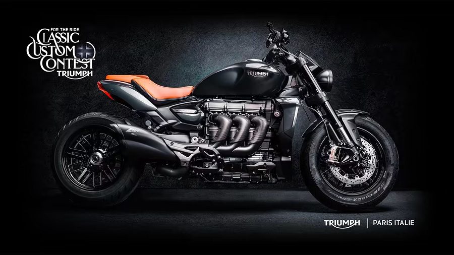 Triumph Rocket 3 personalizada en gris oscuro con asiento de cuero Bentley naranja