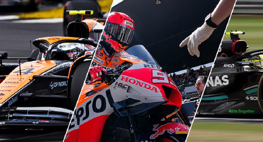 Vistas parciales de dos autos de F1 y una MotoGP intercalada entre ambos. Vistas parciales de dos autos de F1 y una Honda oficial, intercalada entre ambos, para ejemplificar la compra de MotoGP por Liberty Media.