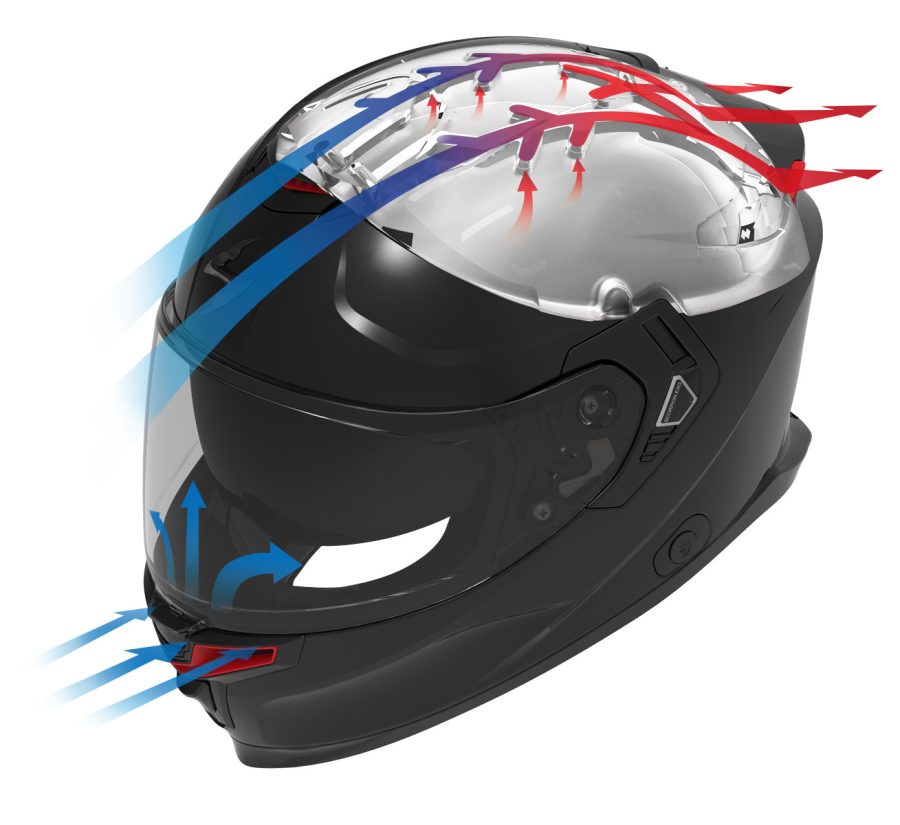 Casco Serie APEX de Scorpion EXO que muestra los canales de circulación de aire.