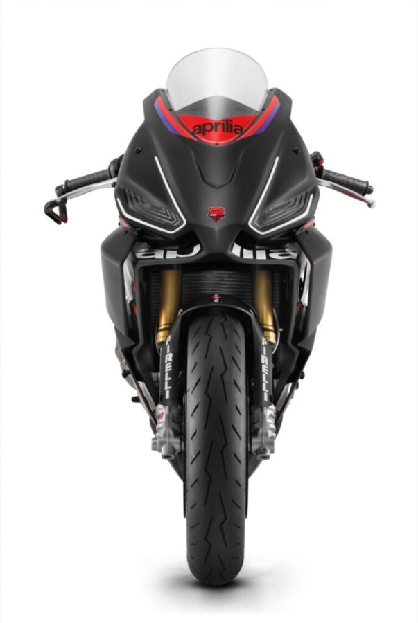 Frontal de la Aprilia RS 660 Trofeo sin los faros de la versión de calle.
