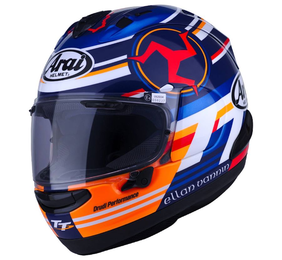 Casco Arai RX-7V EVO Isle of Man El casco Arai Isla de Man 2024 es multicolor y tiene gráfica alusiva