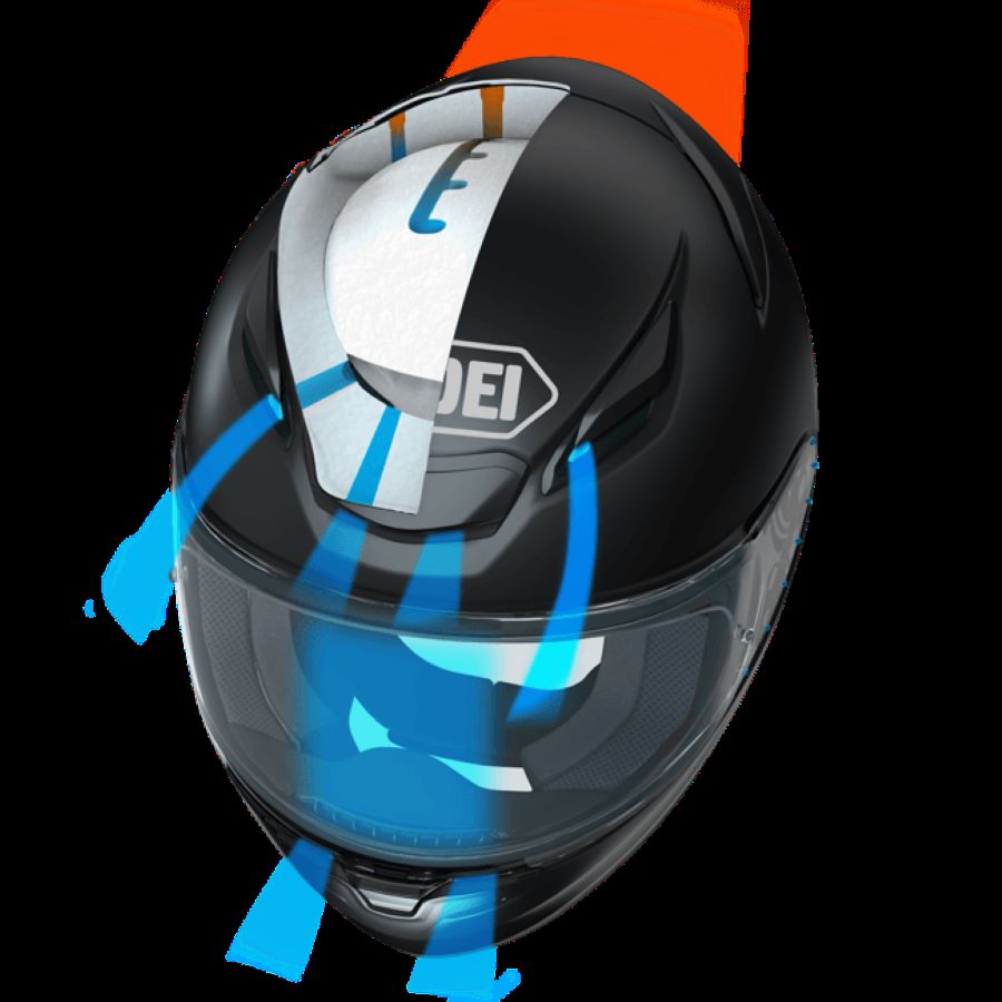 Un Shoei NXR 2 con 5 líneas celestes que muestran los ingresos de aire y una ancha franja naranja posterior que indica la salida del aire caliente.