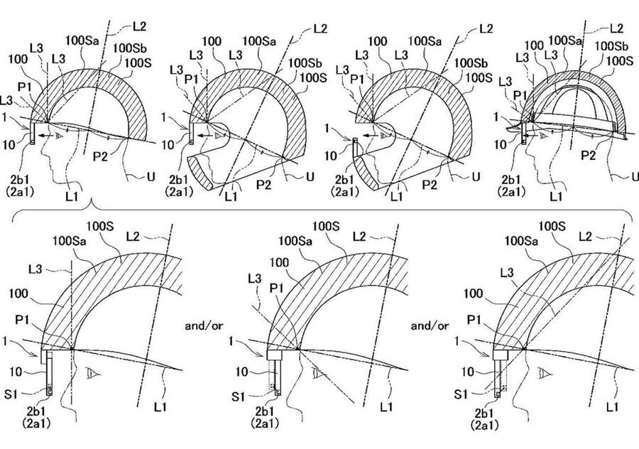 Varias figuras de un croquis de la patente para un casco de realidad aumentada presentada por Yamaha. Varias figuras de un croquis de la patente para un casco de realidad aumentada presentada por Yamaha.
