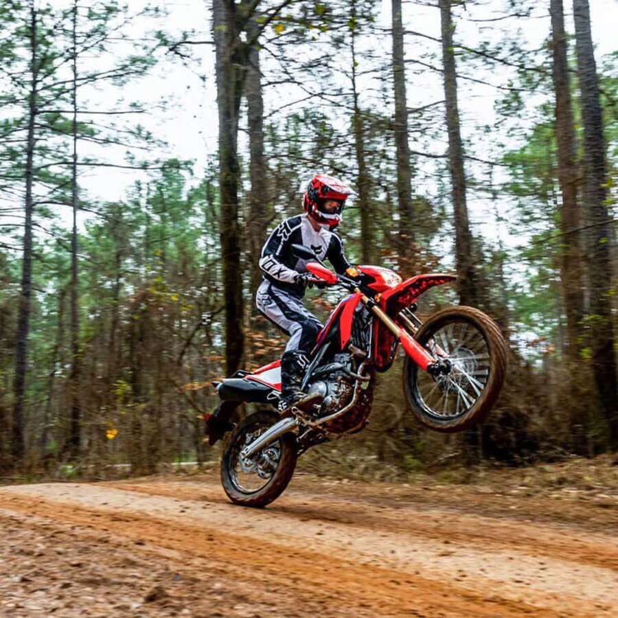Una Honda CRF300L circula velozmente por un sendero en una sola rueda.