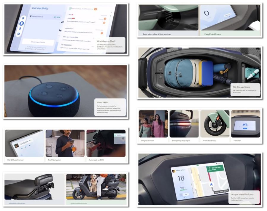 Collage de fotos que incluyen el cargador portátil, el baúl bajo el asiento y la pantalla táctil, entre otras partes del Rizta.