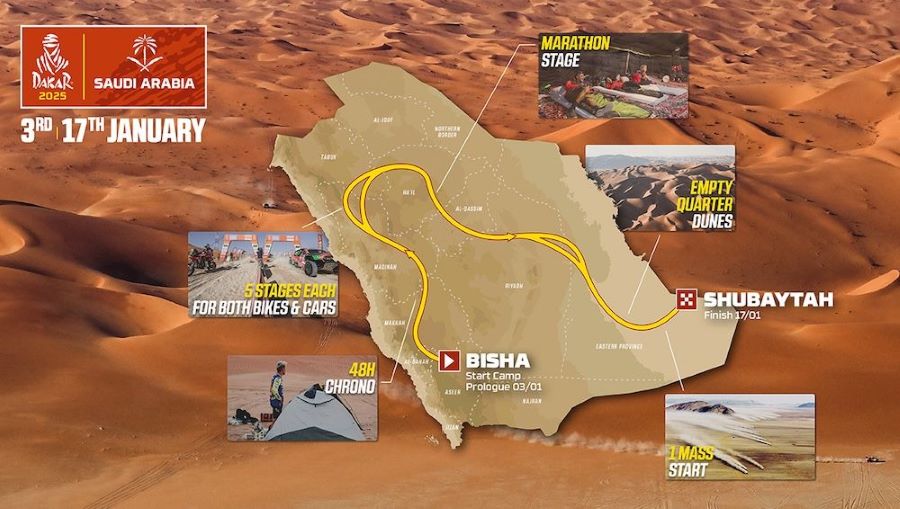 Mapa del recorrido del Dakar 2025, entre desde Bisha hasta Shubaytah.