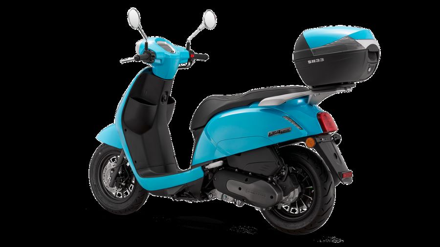 QJ Motor LTR 125 celeste vista desde la izquierda y levemente inclinado.