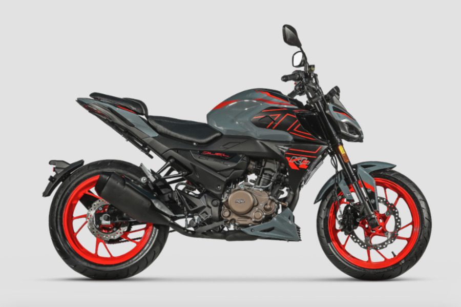 Una KL Motors Duel 125 gris y rojo fluo.