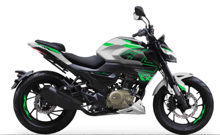 Una KL Motors Duel 125 gris y verde.