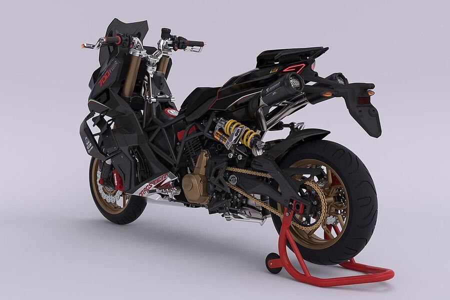 El chasis de este hiperscooter está construido con tubos de acero tipo trellis combinado con elementos de aluminio. El chasis de este hiperscooter está construido con tubos de acero tipo trellis combinado con elementos de aluminio.