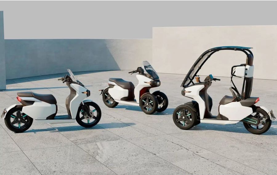 Los tres modelos Project Urban en color blanco: Un scooter, un triciclo y otro triciclo con cúpula