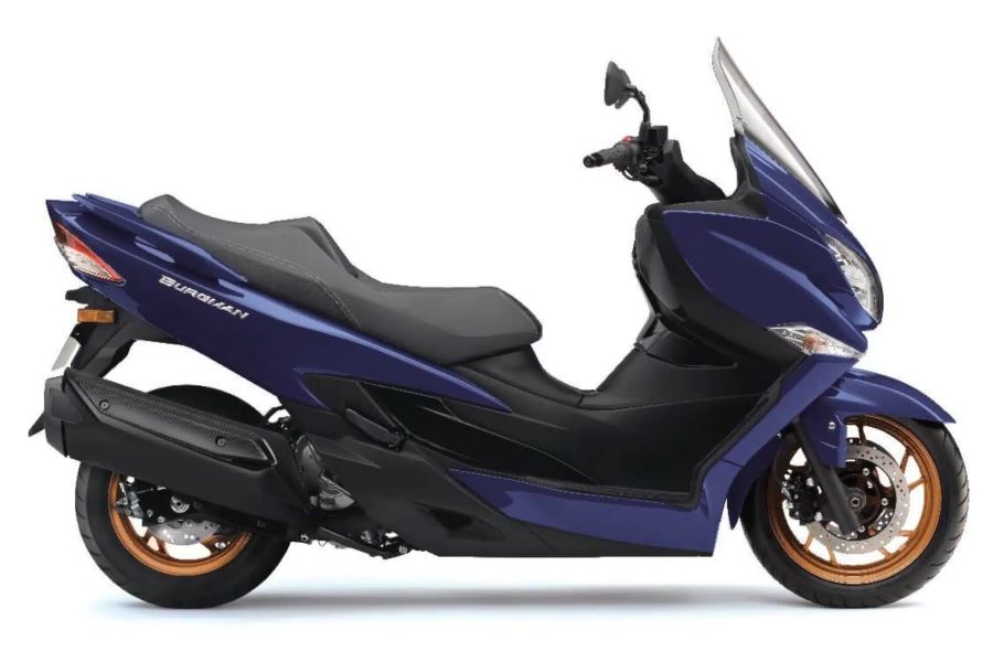 Un scooter Burgman 400 2025 en color azul reflectante, visto desde el lateral derecho.