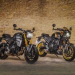 Suzuki GSX-8T y GSX-8TT: espíritu retro y tecnología avanzada Una Suzuki GSX-8T y una Suzuki GSX-8TT posan delante de una pared rústica y apenas iluminada
