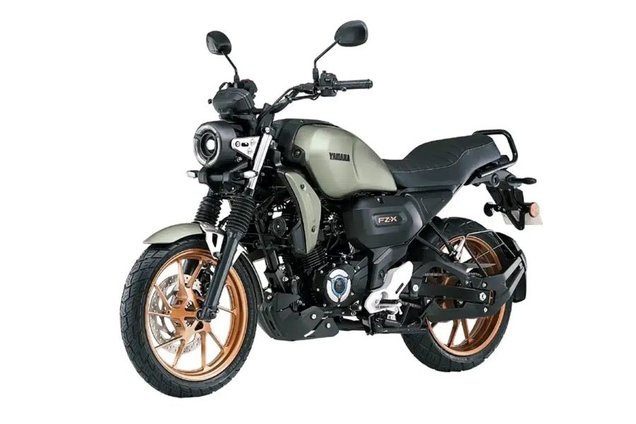 Una Yamaha FZ-X Hybrid verde con llantas doradas