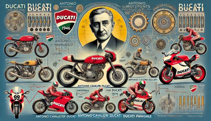 Collage3 con la foto de Antonio Ducati y varios modelos de motos de la marca
