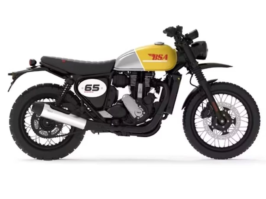 BSA Scrambler 650 amarilla, vista lateral derecha