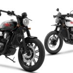 Una BSA Bantam 350 negra y uno BSA Scrambler 650 blanca entrentadas oblicuamente para una foto