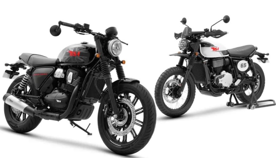 BSA Scrambler 650-BSA Bantam 350 1 Una BSA Bantam 350 negra y uno BSA Scrambler 650 blanca entrentadas oblicuamente para una foto