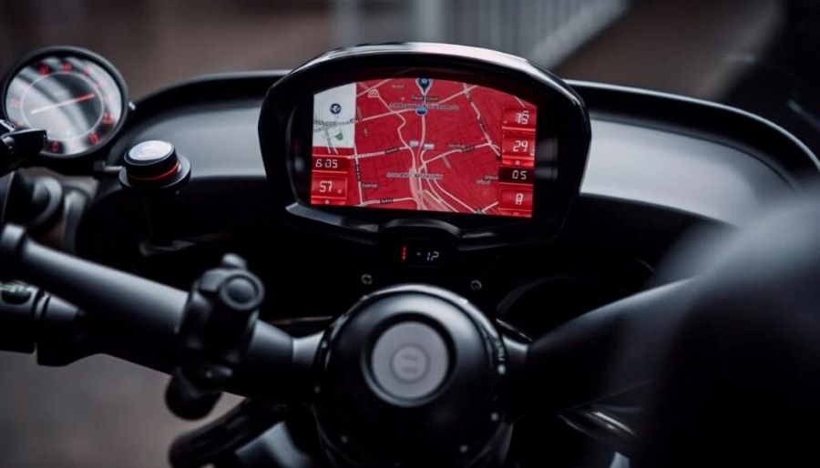 gps para moto Una pantalla de moto muestra el GPS con fondo rojo
