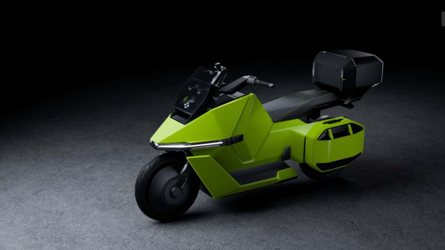 Un scooter eléctrico Omoway OMO X visto desde su perfil izquierdo y en perspectiva