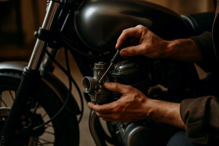 Una mano se dispone a abrir un carburador de motocicleta con un destornillador
