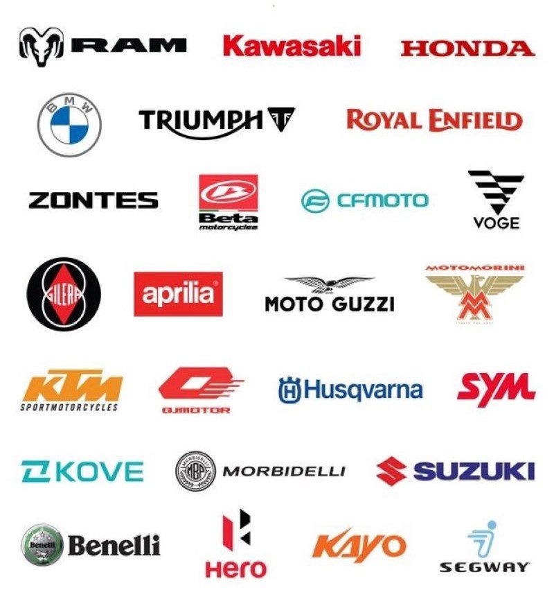 Un panel donde se muestran 20 lotipos de marcas de motos y autos