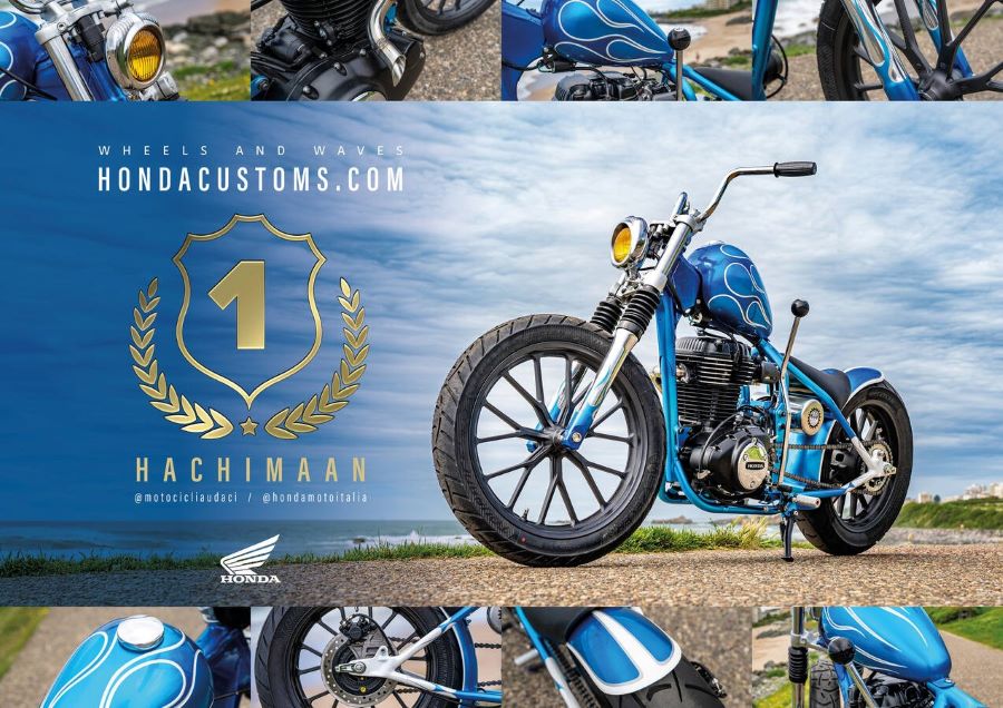 Un moto personalizada celeste de estilo custom
