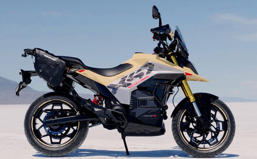 Ultraviolette X-47 Crossover: primera eléctrica con radar integrado vista lateral derecha de una Ultraviolette X-47 Crossover amarilla con el desierto de fondo