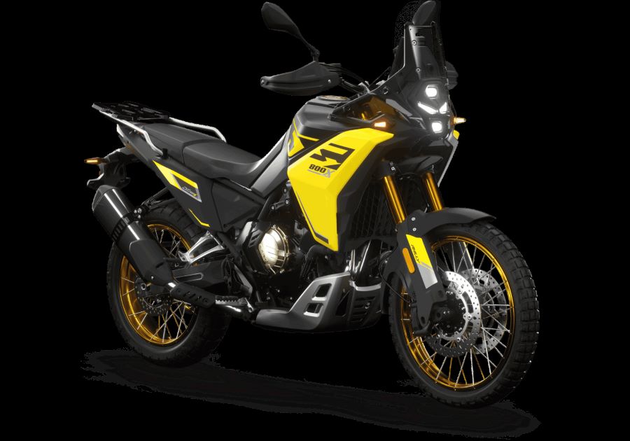 Vista lateral derecha de una VOGE DS800X Rally amarilla 