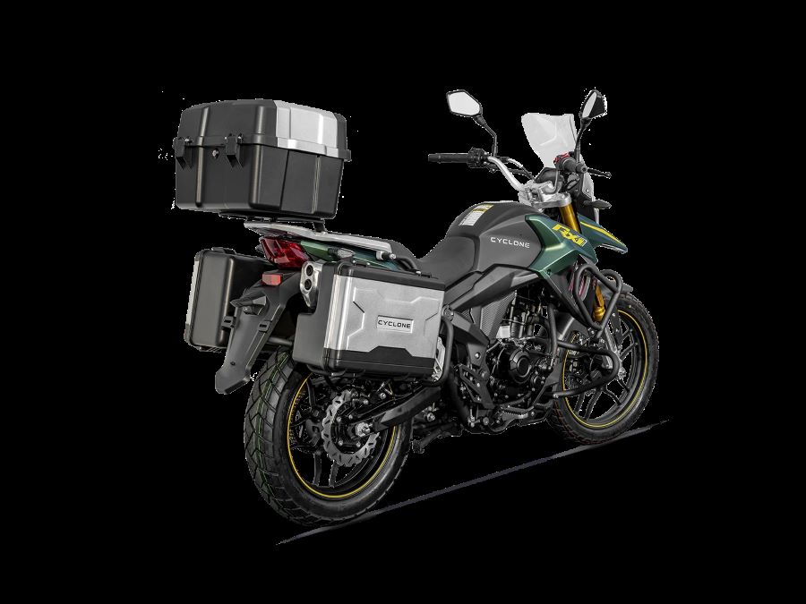 Cyclone RX1 Pro 125 Vista trasera derecha en perspectiva de una moto Cyclone RX1 Pro 125 verde y gris con maletas
