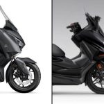 Imagen repartida en mitades donde se observan los frontales de los scooters Yamaha XMax 300 y Honda Forza 350