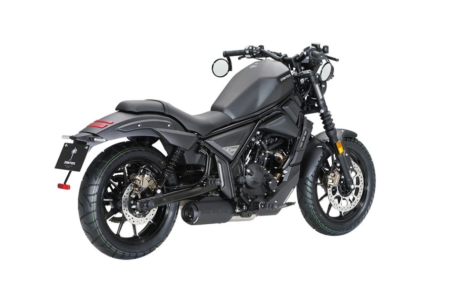 Vista lateral derecha en perspectiva trasera de una moto Zontos 12C2 gris oscuro